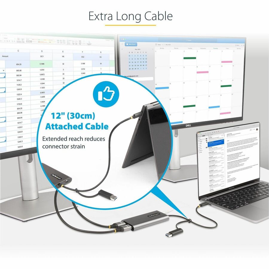 Adaptateur StarTech.com USB-C vers double HDMI, USB-C/A vers 2x HDMI, 4K 60 Hz, PD Pass-Though 100 W, câble intégré de 30 cm, convertisseur USB vers HDMI