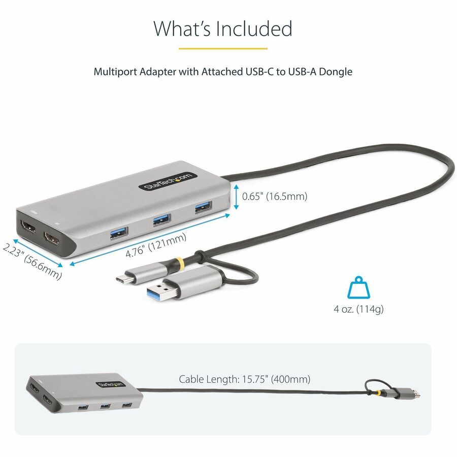 StarTech.com USB-C Multiport Adapter w/Attached USB-C to USB-A Dongle, Dual HDMI 4K/1080, 3x USB, Mini Laptop Docking Station, Travel Dock