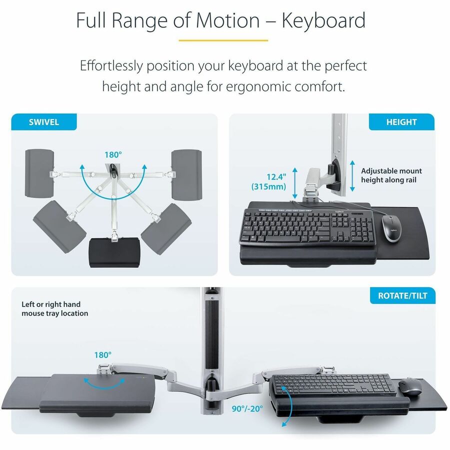 Station de travail murale StarTech.com, support VESA 10 kg, support d'écran et plateau de clavier entièrement articulés, bureau debout avec support PC
