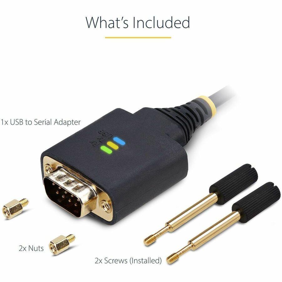StarTech.com 3ft (1m) USB to Serial Adapter Cable, COM Retention, FTDI IC, DB9 RS232, Interchangeable DB9 Screws/Nuts, Windows/macOS/Linux