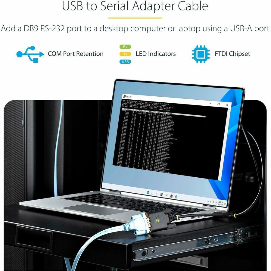 StarTech.com 3ft (1m) USB to Serial Adapter Cable, COM Retention, FTDI IC, DB9 RS232, Interchangeable DB9 Screws/Nuts, Windows/macOS/Linux