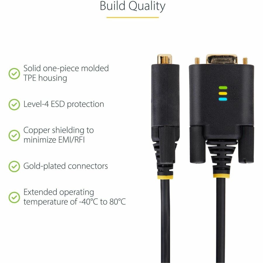 StarTech.com 3ft (1m) USB to Serial Adapter Cable, COM Retention, FTDI IC, DB9 RS232, Interchangeable DB9 Screws/Nuts, Windows/macOS/Linux