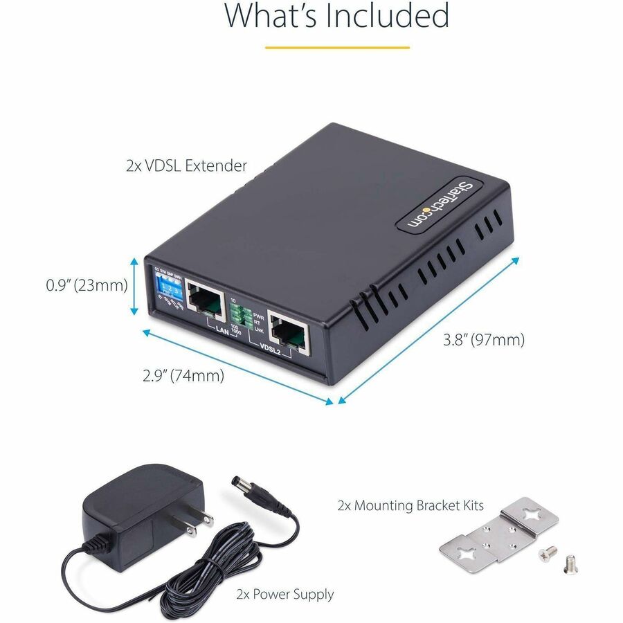 StarTech.com VDSL2 Ethernet Extender Kit over Single Pair Wire, Up to 0.6mi (1km) LAN Repeater over RJ11/CAT5e/CAT6, Replaces 110VDSLEXT