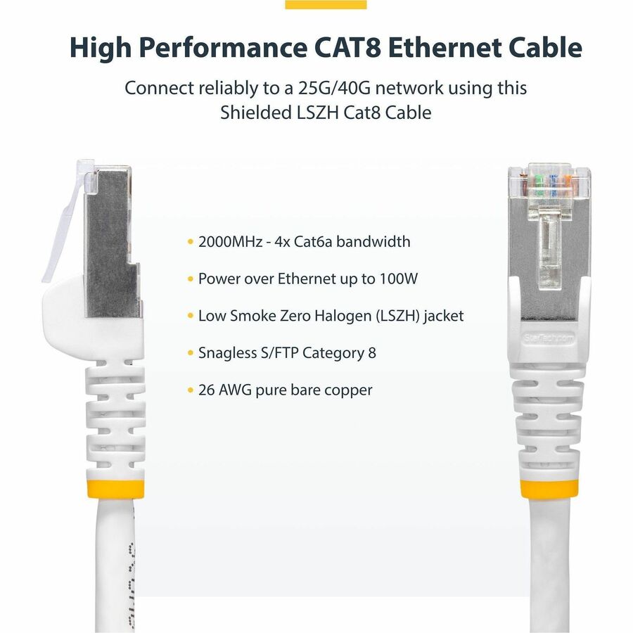 StarTech.com 3ft White CAT8 Ethernet Cable, Snagless RJ45, 25G/40G 2000MHz, 100W PoE, S/FTP, 26AWG Pure Bare Copper, LSZH Network Patch Cord
