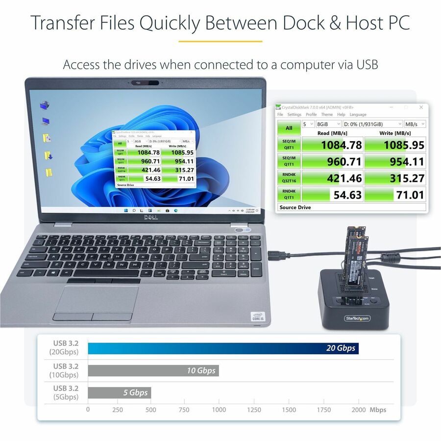 StarTech.com 1:1 M.2 NVMe Drive Duplicator, 90GBpm Standalone M.2 SSD Cloner/Copier, USB-C 3.2 20Gbps M.2 Dual-Bay Drive Docking Station