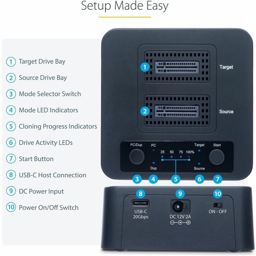 StarTech.com 1:1 M.2 NVMe Drive Duplicator, 90GBpm Standalone M.2 SSD Cloner/Copier, USB-C 3.2 20Gbps M.2 Dual-Bay Drive Docking Station