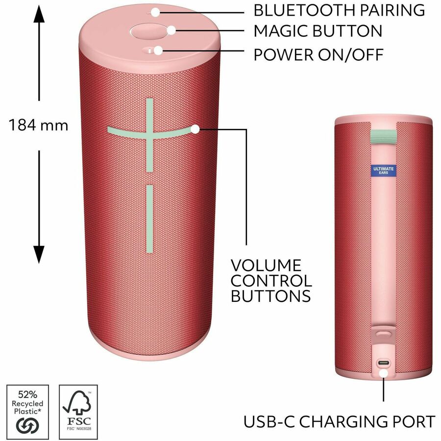 Ultimate Ears BOOM 4 Portable Bluetooth Speaker System - Raspberry Red