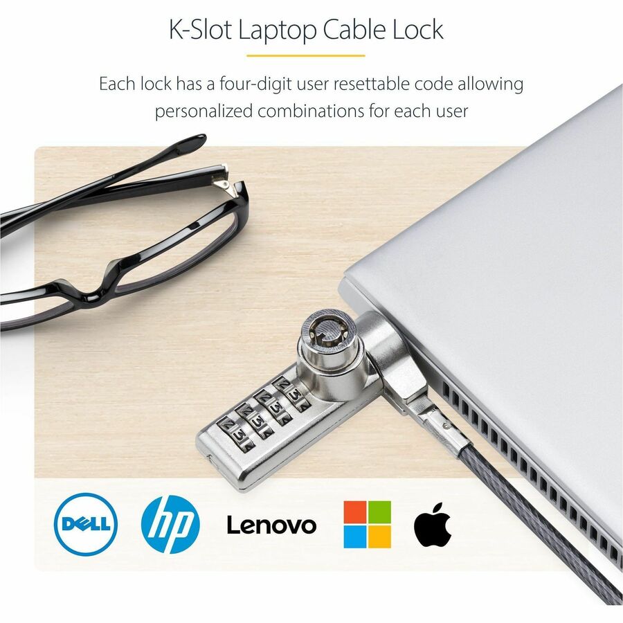 StarTech.com 10-Pack Dual-Access Laptop Lock, 6.5ft (2m) Keyed Alike and Combination Security Cable Lock for K-Slot Devices, Anti-Theft