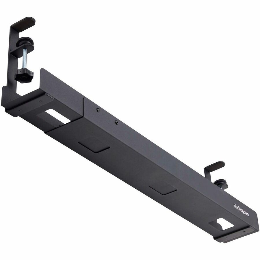 StarTech.com Under Desk Cable Management Tray, Length Adjustable, Clamp-On Installation, No Drilling Required, Black