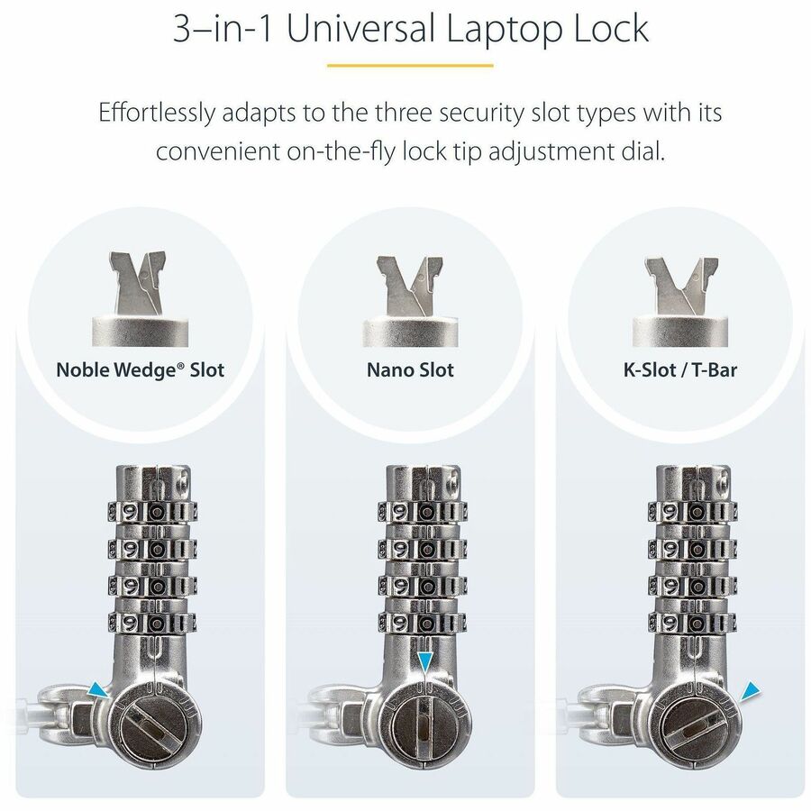 StarTech.com Universal Laptop Cable Lock 6.6ft, Serialized Combo Security Cable For Notebook, Compatible w/Noble Wedge®/Nano/K-Slot