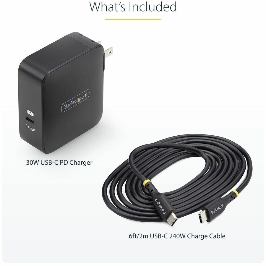 StarTech.com 140W USB-C Wall Charger, USB-IF Certified, PD 3.1 Portable GaN Charging Power Adapter, 6ft/1.8m USB-C to USB-C Cable