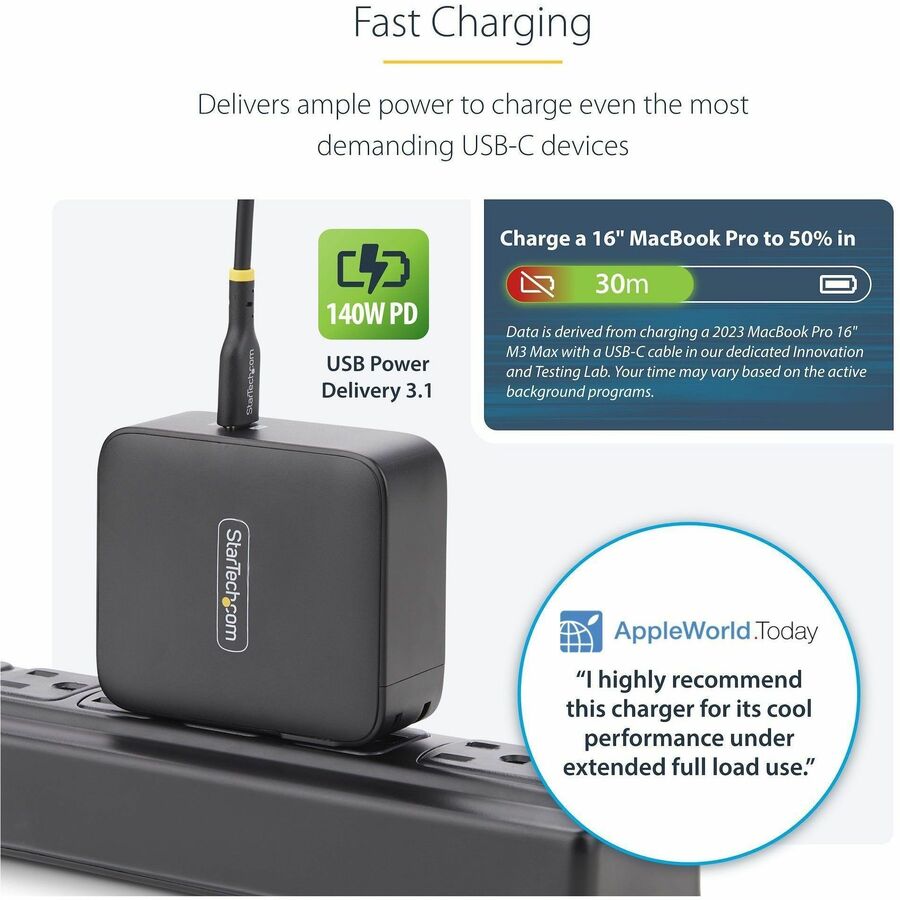 StarTech.com 140W USB-C Wall Charger, USB-IF Certified, PD 3.1 Portable GaN Charging Power Adapter, 6ft/1.8m USB-C to USB-C Cable