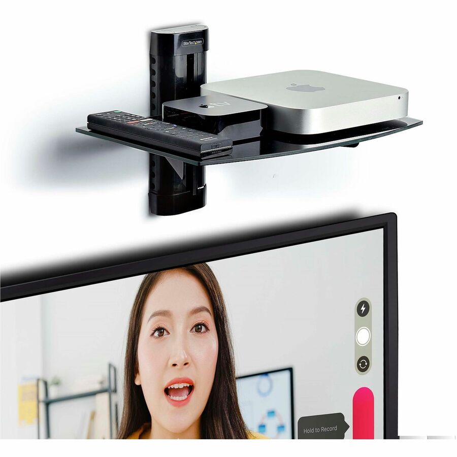 Étagère murale flottante StarTech.com, hauteur réglable pour équipement audiovisuel sous téléviseur, verre trempé noir