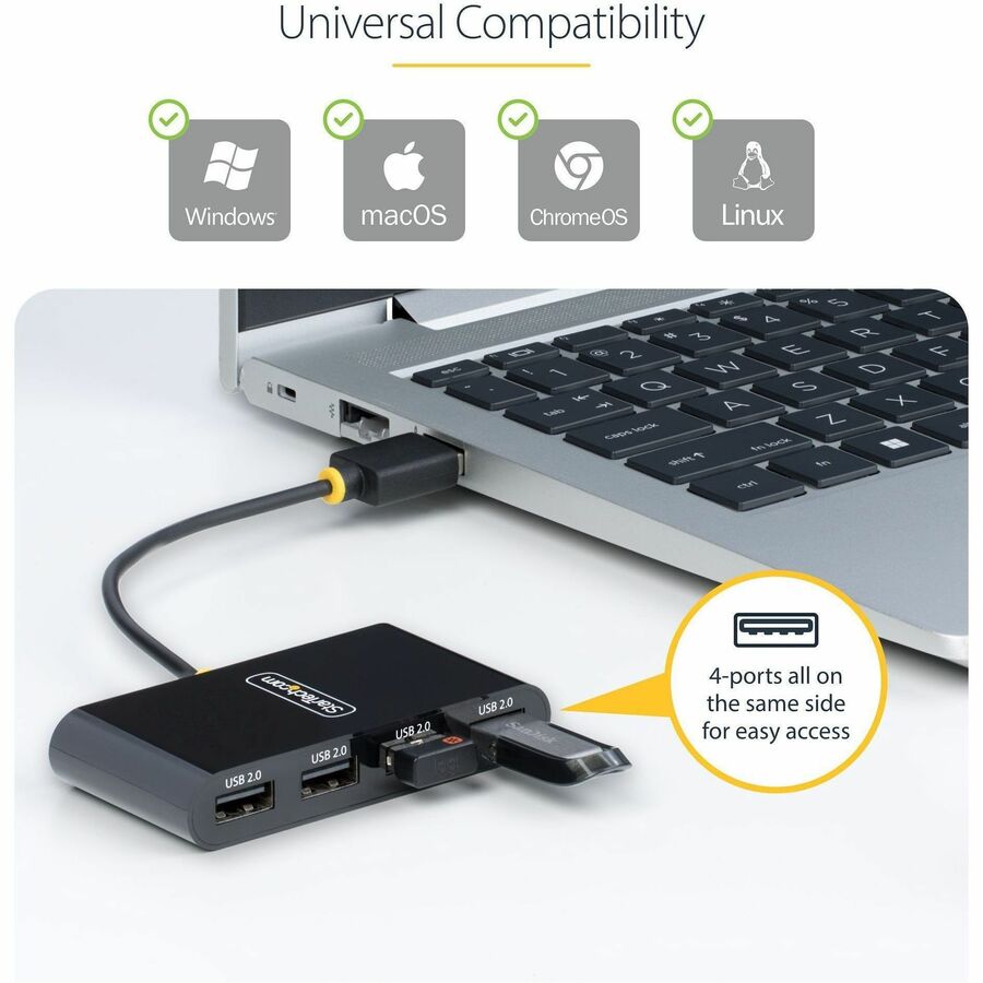 StarTech.com Hub USB 2.0 4 ports, alimenté par bus USB, mini hub USB de voyage, répartiteur USB 2.0 multiport, hub USB portable, 480 Mbit/s