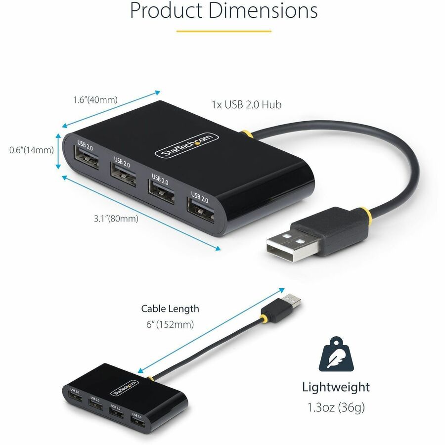 StarTech.com Hub USB 2.0 4 ports, alimenté par bus USB, mini hub USB de voyage, répartiteur USB 2.0 multiport, hub USB portable, 480 Mbit/s