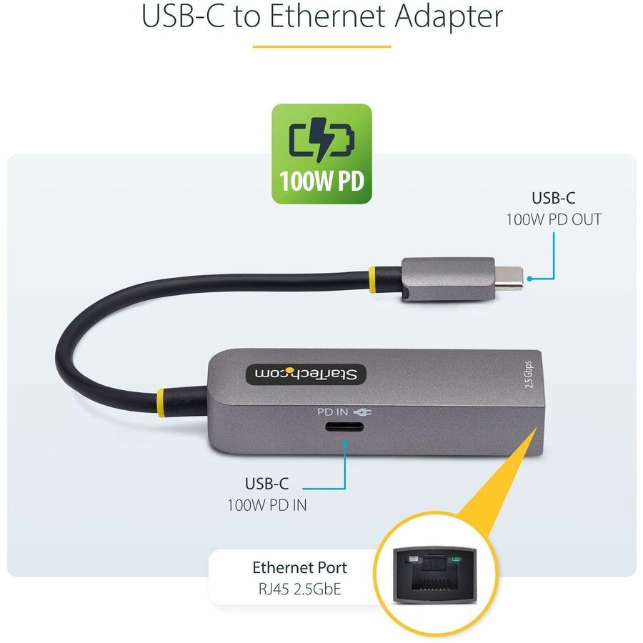 StarTech.com 2.5GbE USB-C to Ethernet Adapter, 100W PD Pass-Through, NBASE-T NIC, USB 3.0 Type-C 2.5/1G Multi Speed Network, USB 3.1 RJ45