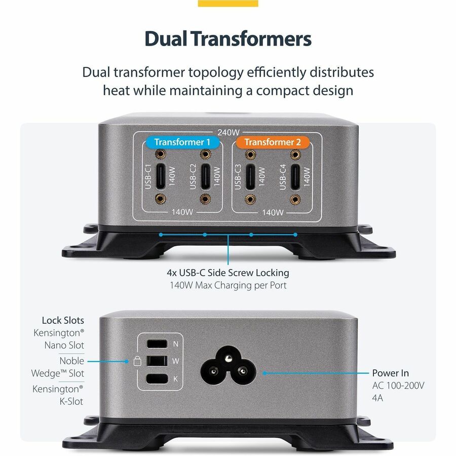 StarTech.com 4-Port Multi-Device USB-C Charger, 240W Total, Single Port 140W EPR, Screw Locking Ports, Ideal for Boardrooms