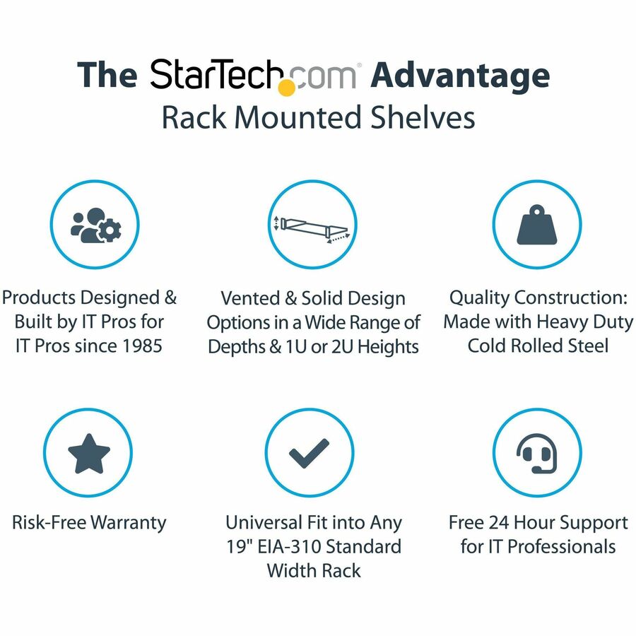 Étagère pour rack de serveur 2U StarTech.com - Plateau de montage en rack cantilever fixe de 40,6 cm de profondeur pour boîtier de données/audiovisuel/réseau de 48,3 cm (19 pouces) avec écrous cage et vis