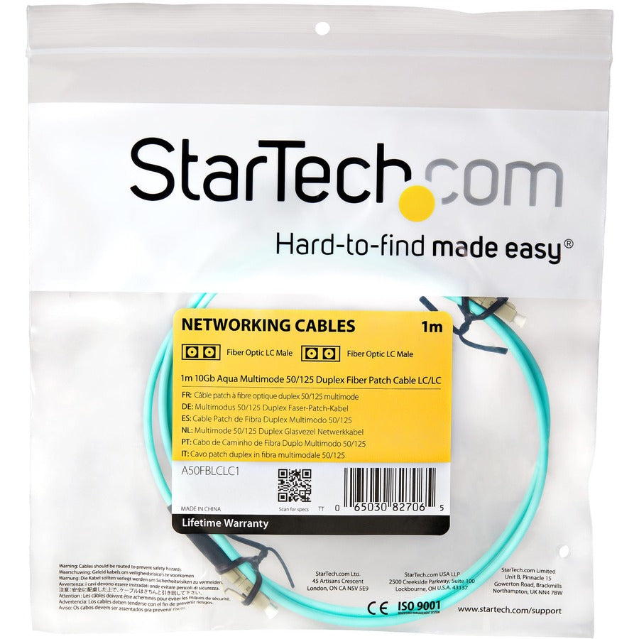 StarTech.com 1m (3ft) LC/UPC to LC/UPC OM3 Multimode Fiber Optic Cable, Full Duplex 50/125µm Zipcord, 100G, LSZH Fiber Jumper Cord