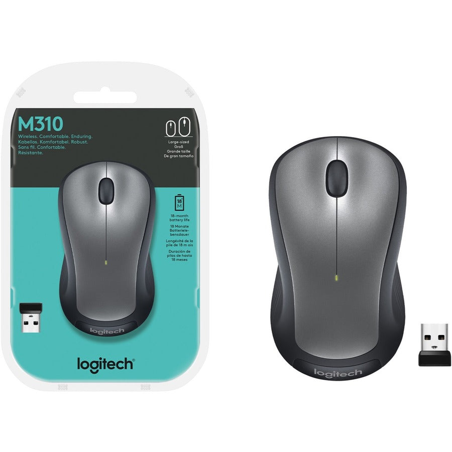 Logitech M310 Wireless Mouse, 2.4 GHz with USB Nano Receiver, 1000 DPI Optical Tracking, 18 Month Battery, Ambidextrous, Compatible with PC, Mac, Laptop, Chromebook (SILVER)