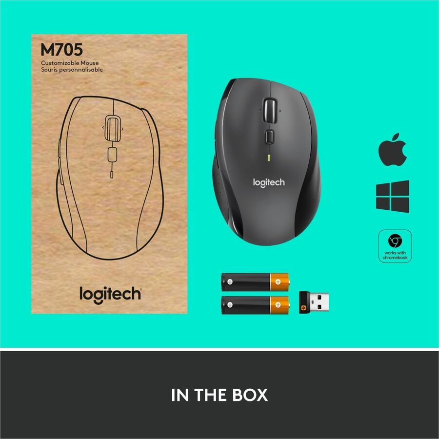 Logitech M705 Marathon Wireless Mouse, 2.4 GHz USB Unifying Receiver, 1000 DPI, 5-Programmable Buttons, 3-Year Battery, Compatible with PC, Mac, Laptop, Chromebook - Black