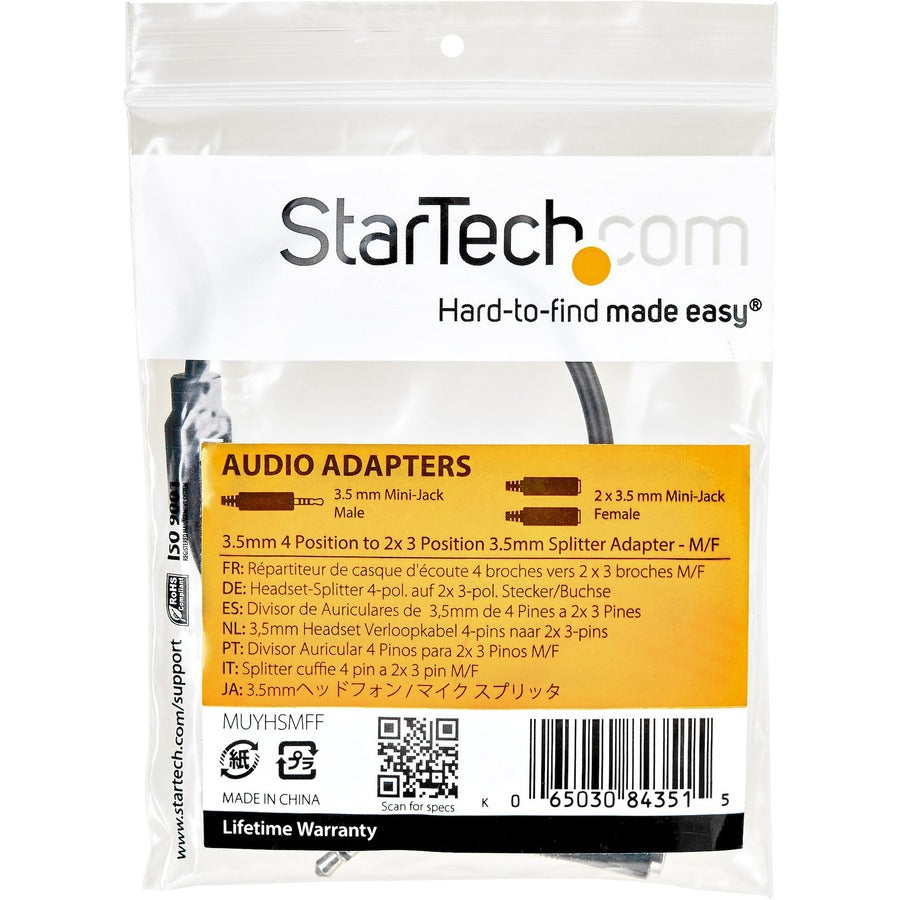 Adaptateur de casque StarTech.com pour casques avec prises casque/micro séparées - 3,5 mm 4 positions vers 3 positions et 2 positions 3,5 mm M/F