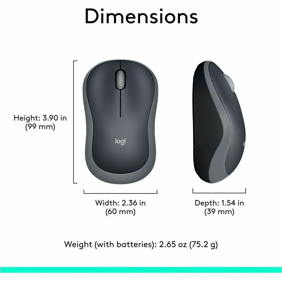 Logitech M185 Wireless Mouse, 2.4GHz with USB Mini Receiver, 12-Month Battery Life, 1000 DPI Optical Tracking, Ambidextrous, Compatible with PC, Mac, Laptop (Swift Grey)