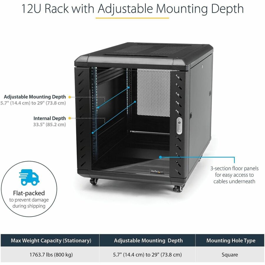 StarTech.com 4-Post 12U Server Rack Cabinet, 19" Data Rack Cabinet for Computer / IT Equipment, Home Network Rack, Half Height Server Rack