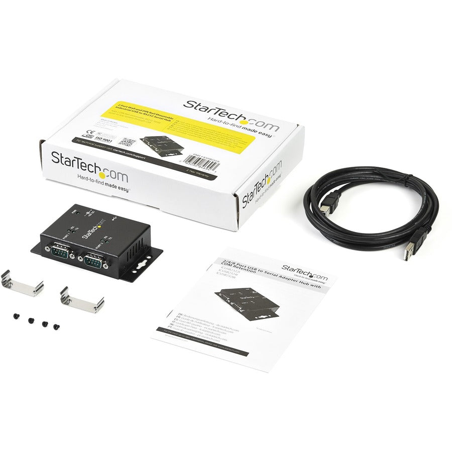 StarTech.com USB to Serial Adapter - 2 Port - Wall Mount - Din Rail Clips - Industrial - COM Port Retention - FTDI - DB9