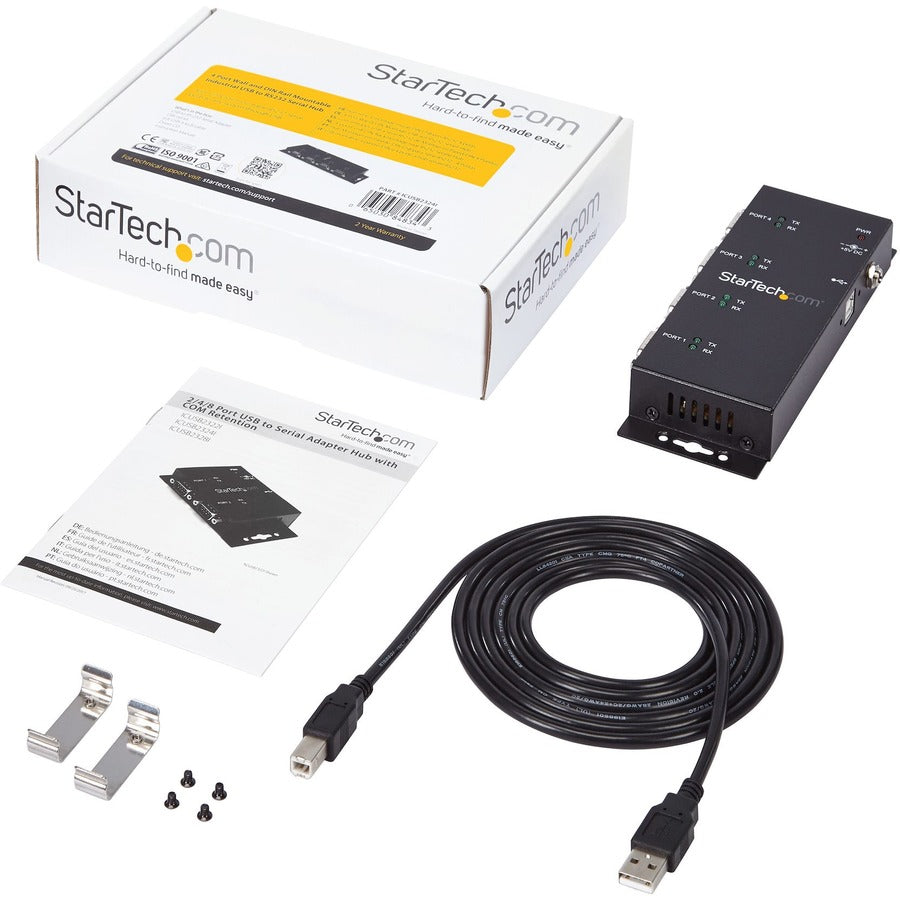 StarTech.com USB to Serial Adapter Hub - 4 Port - Industrial - Wall Mount - Din Rail - COM Port Retention - FTDI USB Serial