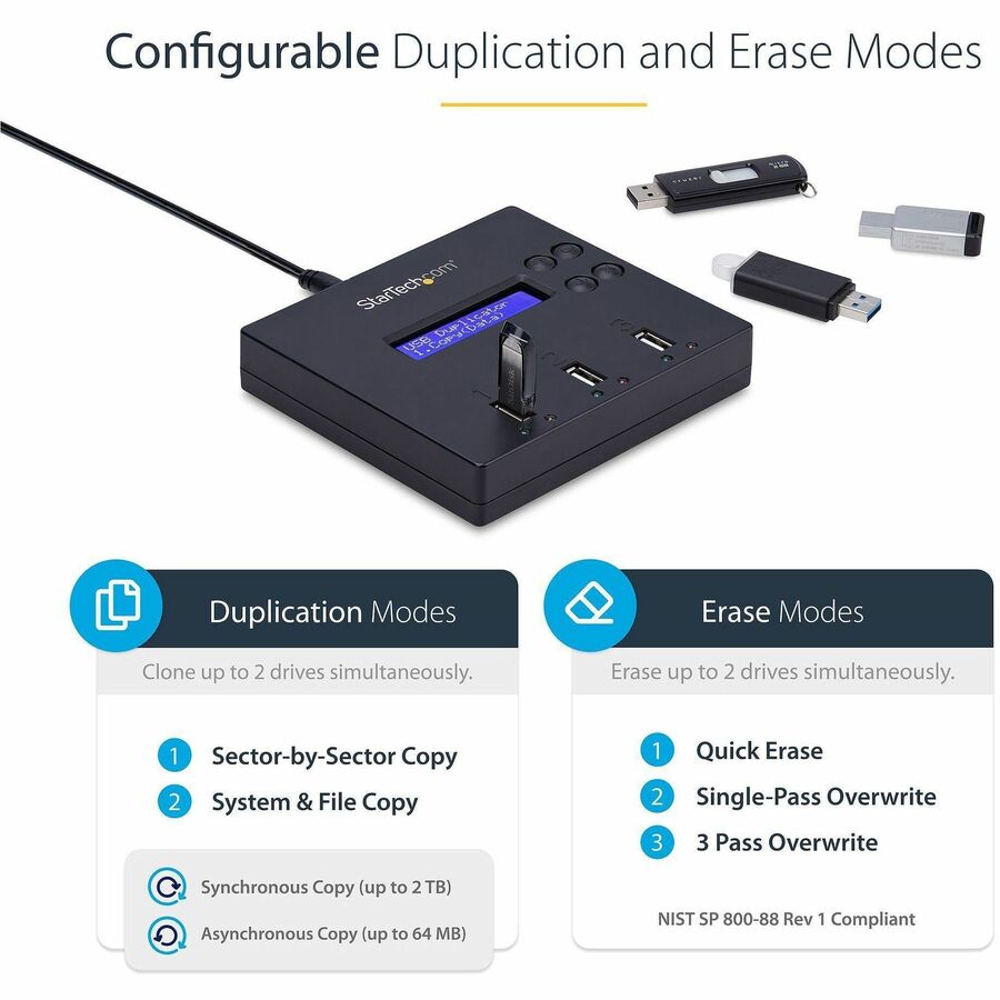 StarTech.com Standalone 1 to 2 USB Thumb Drive Duplicator/Eraser, Multiple USB Flash Drive Copier/Cloner, Sector-by-Sector Copy, Sanitizer