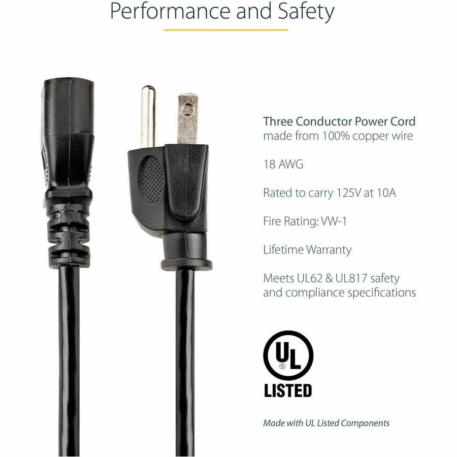 StarTech.com 10ft (3m) Computer Power Cord, NEMA 5-15P to C13, 10A 125V, 18AWG, Black Replacement AC PC Power Cord, TV/Monitor Power Cable
