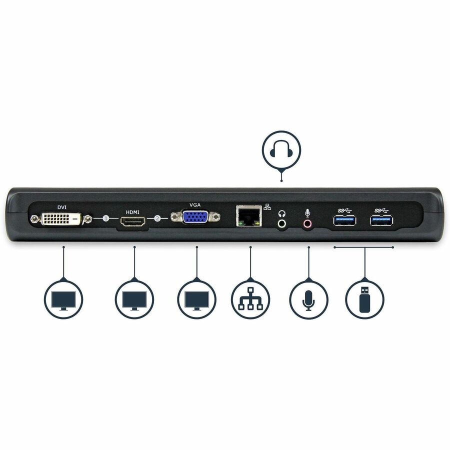 Station d'accueil USB 3.0 pour ordinateur portable StarTech.com, double écran, HDMI et DVI/VGA, 3 hubs USB-A, GbE, audio, station d'accueil USB-A universelle, Windows/Mac, TAA