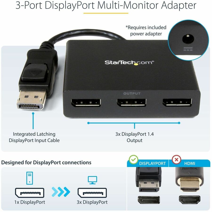StarTech 3-Port DisplayPort MST Hub, Triple Monitor 4K Adapter