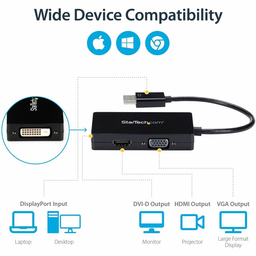 Adaptateur A/V de voyage StarTech.com : convertisseur 3-en-1 DisplayPort vers VGA, DVI ou HDMI