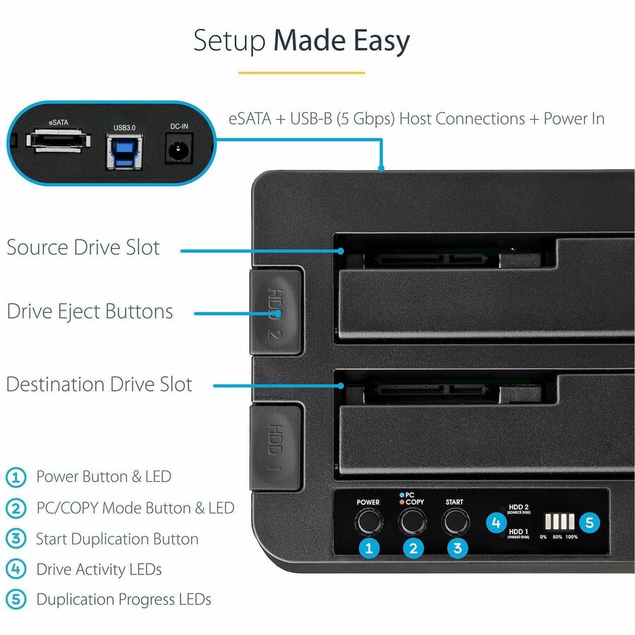 StarTech.com Station d'accueil autonome pour duplication de disque dur, cloneur/copieur externe double baie pour disque dur/SSD, USB 3.0/eSATA, clonage/récupération de disque SATA