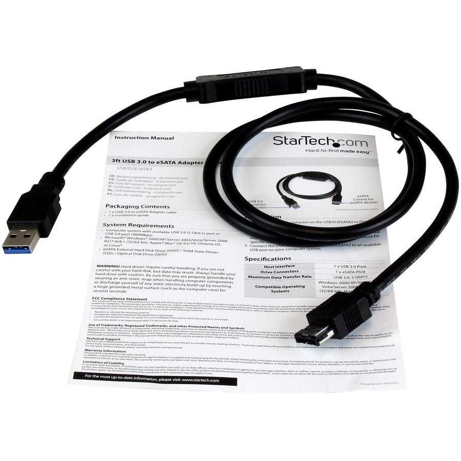 Câble adaptateur StarTech.com USB 3.0 vers eSATA HDD/SSD/ODD - 90 cm Câble adaptateur eSATA pour disque dur vers USB 3.0 - SATA 6 Gbit/s