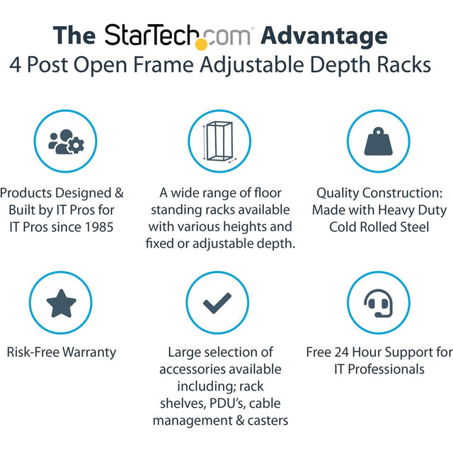 StarTech.com 4-Post 12U Mobile Open Frame Server Rack, 19" Network Rack with Casters, Rolling Rack for Computer/AV/Data/IT Equipment