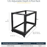 StarTech.com 4-Post 12U Mobile Open Frame Server Rack, 19" Network Rack with Casters, Rolling Rack for Computer/AV/Data/IT Equipment