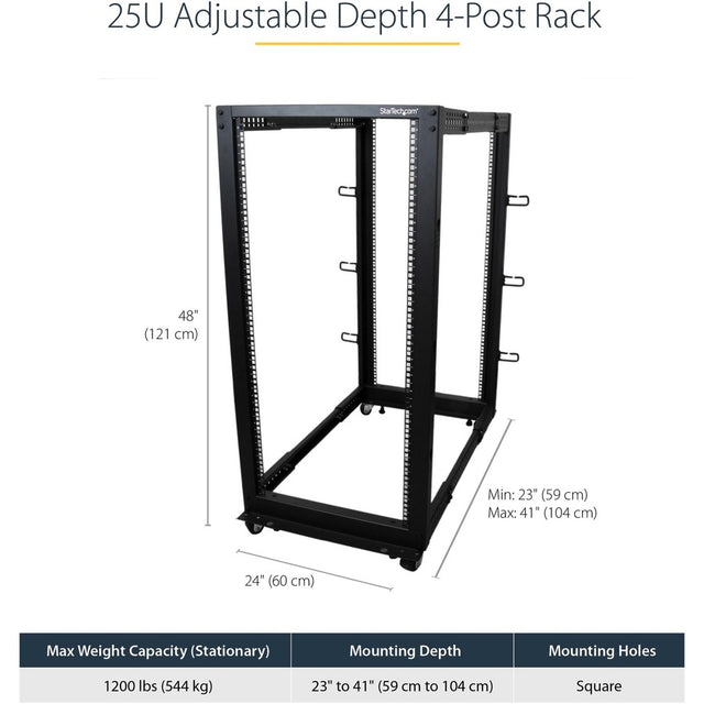 StarTech.com 4-Post 25U Mobile Open Frame Server Rack, 19in Network Rack with Casters, Rolling Rack for Computer/AV/Data/IT Equipment 
