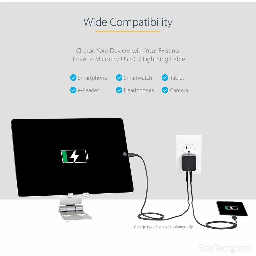 Chargeur mural USB de voyage StarTech.com - 2 ports - Noir - Adaptateur de voyage universel - Adaptateur secteur international - Chargeur USB