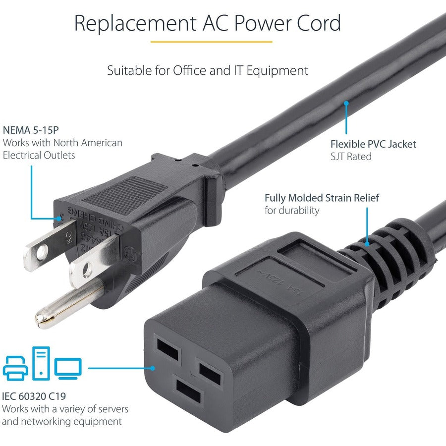 StarTech.com 6ft (1.8m) Heavy Duty Power Cord, NEMA 5-15P to C19, 15A 125V, 14AWG, Computer Power Cord, Heavy Gauge Power Cable