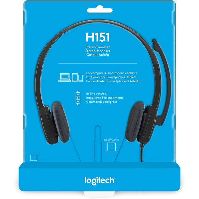 Logitech H151 Stereo Headset with Rotating Boom Mic (Black) - Stereo - 3.5MM AUDIO JACK CONNECTION - Wired - In-Line Control - 22 Ohm - 20 Hz - 20 kHz - Over-the-head - 5.9 ft Cable - Black
