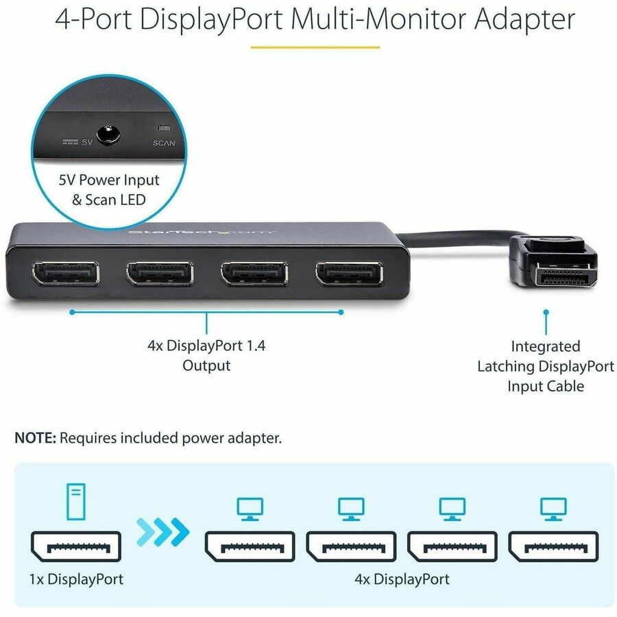 StarTech.com 4-Port DisplayPort 1.2 Splitter, DisplayPort to 4x DP Multi-Monitor Adapter, Quad 1080p 60Hz Computer MST Hub, Windows Only~4-Port Multi Monitor Adapter, DisplayPort 1.2 MST Hub, 4x 1080p, DP Video Splitter for Extended Desktop Mode, Windows