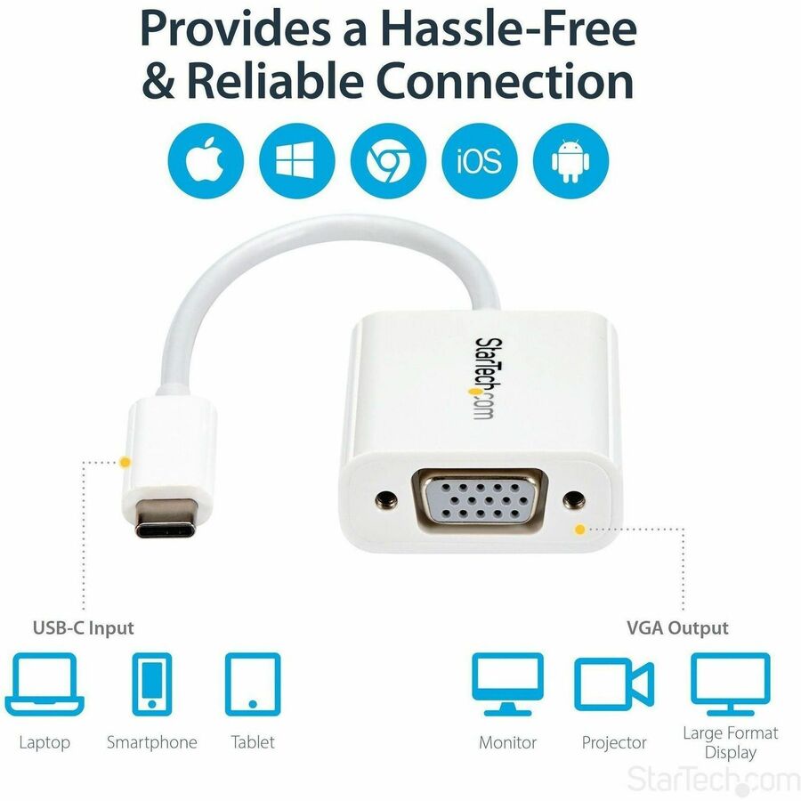 StarTech.com USB-C to VGA Adapter - White - Thunderbolt 3 Compatible - USB C Adapter - USB Type C to VGA Dongle Converter