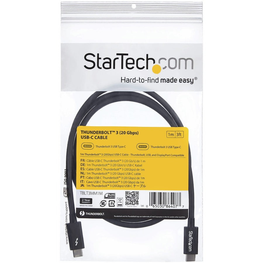 StarTech.com 1m (3.3ft) Thunderbolt 3 Cable, 20Gbps, 100W PD, 4K Video, Thunderbolt-Certified, Compatible w/ TB4/USB 3.2/DisplayPort