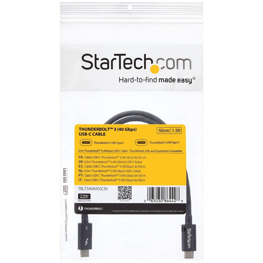 StarTech.com 50cm (1.6ft) Thunderbolt 3 Cable, 40Gbps, 100W PD, 4K/5K Video, Thunderbolt-Certified, Compatible w/ TB4/USB 3.2/DisplayPort