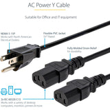 StarTech.com 10ft (3m) Computer Power Y Cord, NEMA 5-15P to C13, 10A 125V, 18AWG, Black Replacement PC Power Cord, TV/Monitor Power Cable