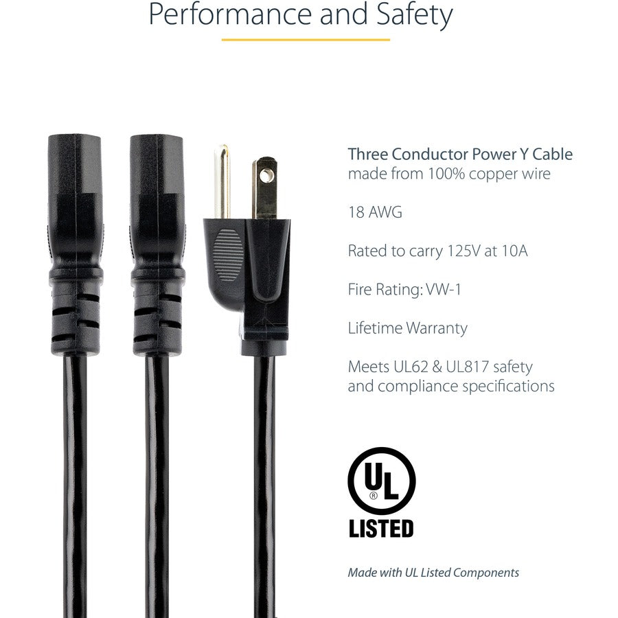StarTech.com 10ft (3m) Computer Power Y Cord, NEMA 5-15P to C13, 10A 125V, 18AWG, Black Replacement PC Power Cord, TV/Monitor Power Cable