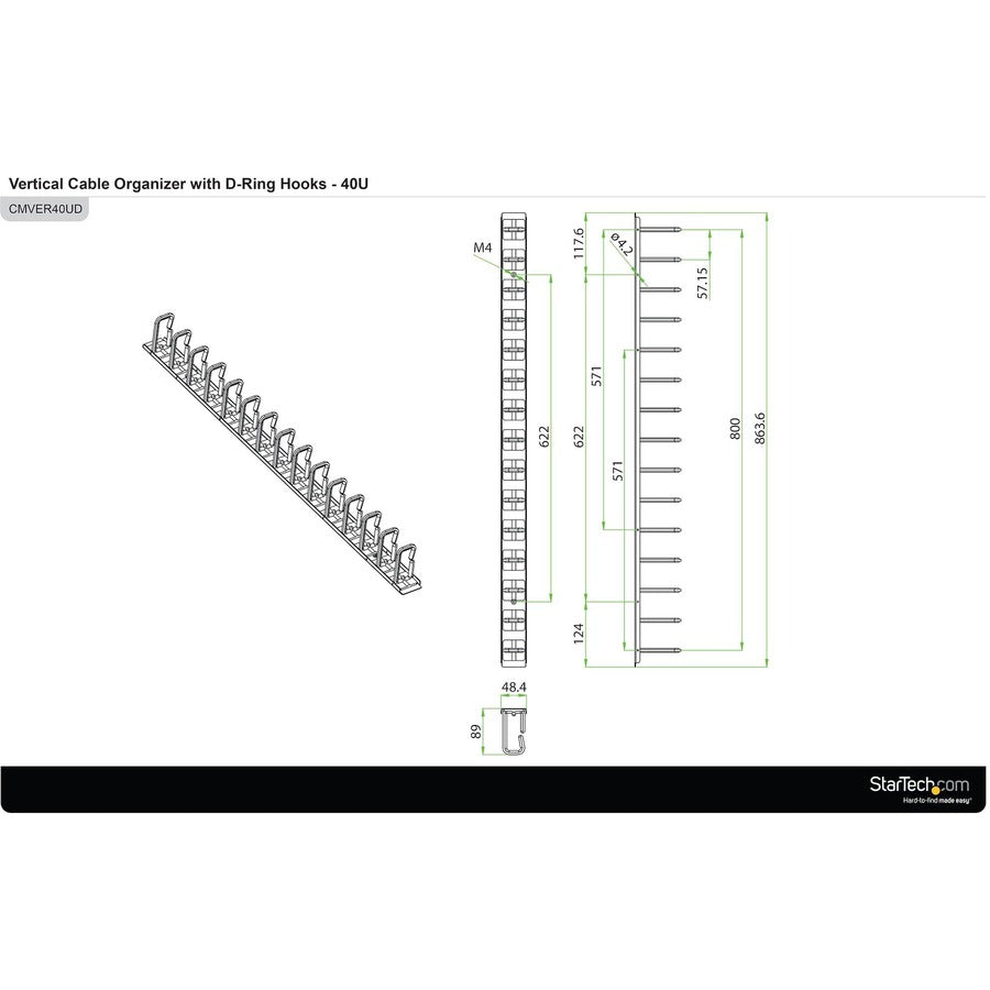 StarTech.com Vertical Cable Organizer with D-Ring Hooks - Vertical Cable Management Panel - 40U - 6 ft.